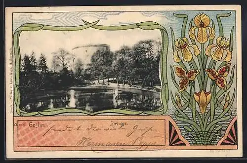 Lithographie Goslar, Teich am Zwinger, florales Jugendstil-Passepartout