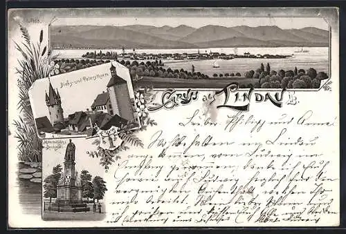 Lithographie Lindau i. B., Diebs- und Petersthurm, Maximilians-Denkmal, Totalansicht