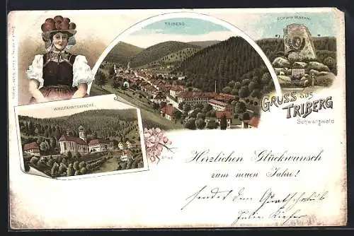 Lithographie Triberg i. Schwarzwald, Ortsansicht, Wallfahrtskirche, Gerwig-Denkmal, Schwarzwälderin in Tracht