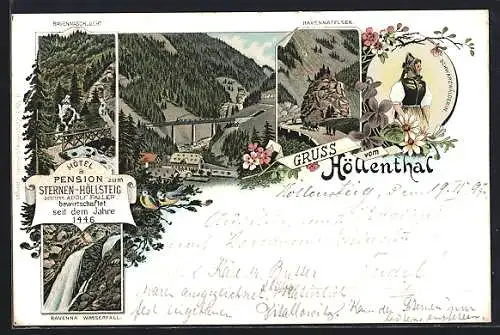 Lithographie Höllsteig, Ravennaschlucht, Hotel-Pension zum Sternen & Schwarzwälderin