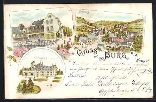 Lithographie Burg a. d. Wupper, Schloss Burg, Blick auf Unterburg