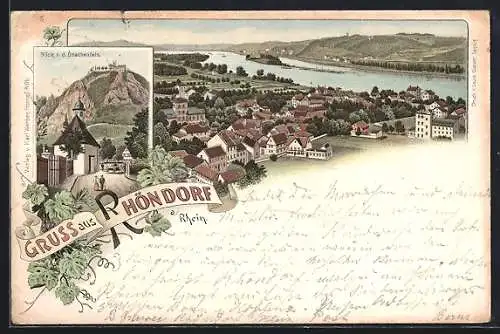 Lithographie Rhöndorf, Blick n. d. Drachenfels, Ortsansicht aus der Vogelschau