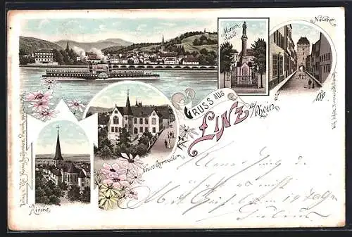 Lithographie Linz a. Rhein, Neues Gymnasium, Kirche, Marien-Säule