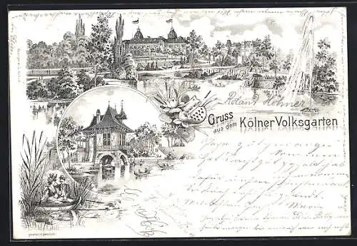 Lithographie Köln-Neustadt, Restaurant und Teich im Volksgarten