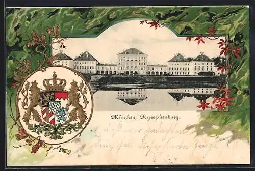 Passepartout-Lithographie München-Nymphenburg, Wappen von Bayern und München und Nymphenburg