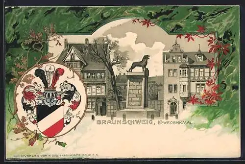 Passepartout-Lithographie Braunschweig, Partie am Löwedenkmal, Reichswappen