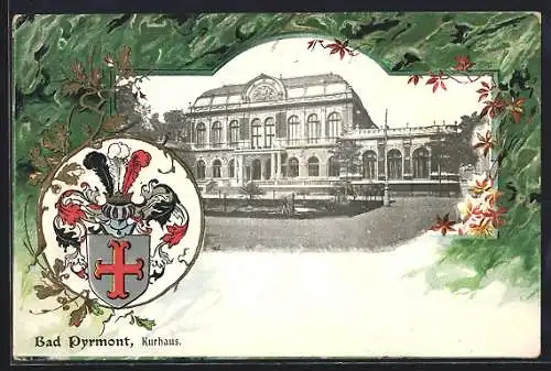 Passepartout-Lithographie Bad Pyrmont, Partie am Kurhaus, Stadtwappen