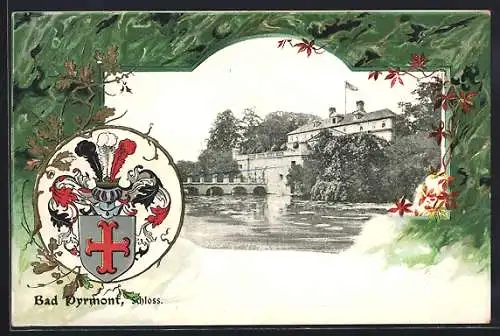 Passepartout-Lithographie Bad Pyrmont, Blick auf das Schloss, Stadtwappen