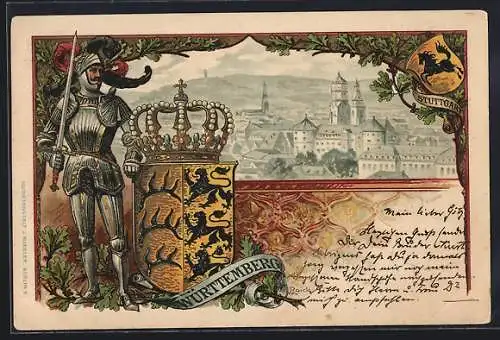 Passepartout-Lithographie Stuttgart, Ortsansicht aus der Vogelschau, Ritter mit Wappen Württembergs