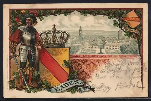 Passepartout-Lithographie Karlsruhe, Ortsansicht, Wappen, Ritter in Rüstung