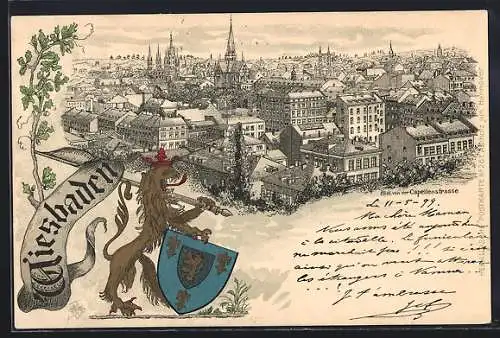 Passepartout-Lithographie Wiesbaden, Panorama von der Capellenstrasse aus, Stadtwappen