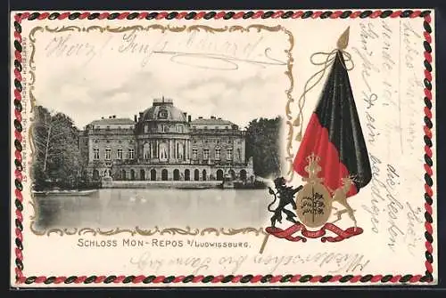 Passepartout-Lithographie Ludwigsburg / Württemberg, Schloss Mon-Repos mit Wappen