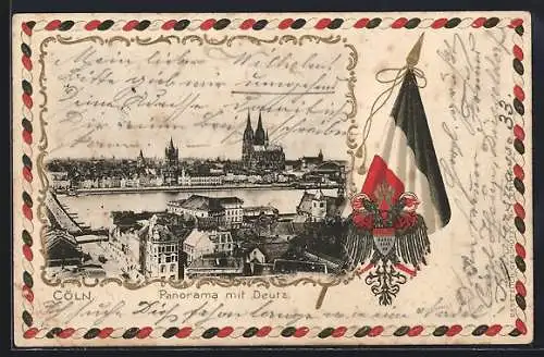 Passepartout-Lithographie Köln-Deutz, Stadtpanorama, Wappen, Reichsfahne