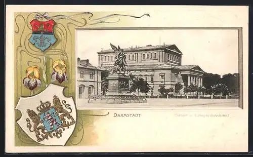 Passepartout-Lithographie Darmstadt, Theater und Kriegerdenkmal, Stadtwappen, Hessisches Wappen