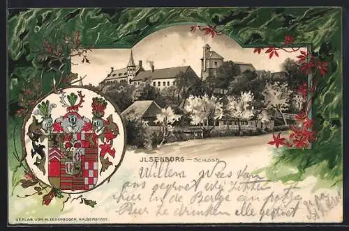 Lithographie Ilsenburg, Blick auf das Schloss, Wappen