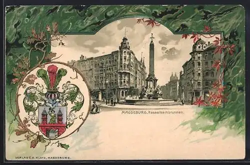 Passepartout-Lithographie Magdeburg, Hasselbachbrunnen und Wappen