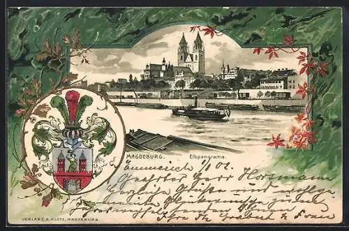 Passepartout-Lithographie Magdeburg, Elbpanorama und Ortswappen