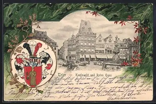 Passepartout-Lithographie Trier, Kaufmarkt und Rotes Haus, Wappen