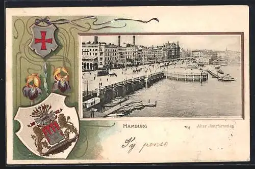 Passepartout-Lithographie Hamburg-Neustadt, Alter Jungfernstieg, Stadtwappen