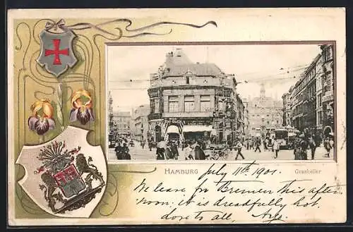 Passepartout-Lithographie Hamburg-Neustadt, Graskeller mit Restaurants und Geschäften, Wappen mit Schwertlilien