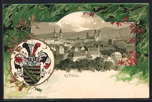 Passepartout-Lithographie Zittau, Blick auf die Stadt mit Wappen