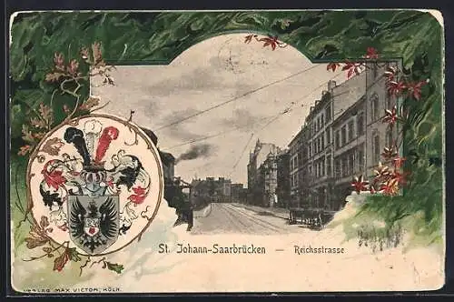 Passepartout-Lithographie St. Johann-Saarbrücken, Blick in die Reichsstrasse, Ortswappen