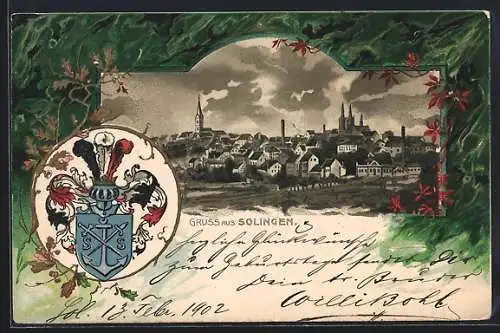 Passepartout-Lithographie Solingen, Gesamtansicht unter wolkigem Himmel, Stadtwappen