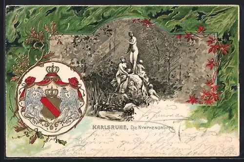 Passepartout-Lithographie Karlsruhe, Ansicht der Nymphengruppe, Wappen