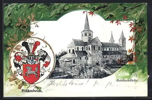 Passepartout-Lithographie Hildesheim, Godehardikirche und Wappen mit Adler und Harnisch