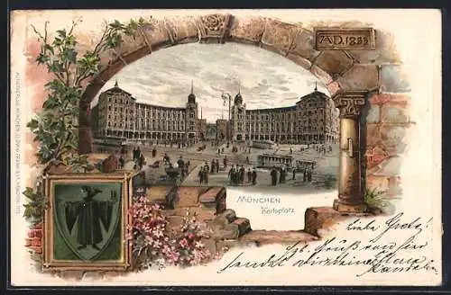 Passepartout-Lithographie München, Blick auf den Karlsplatz, Wappen mit Münchner Kindl