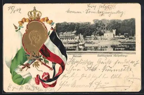 Passepartout-Lithographie Meissen, Etablissement Geipelburg, Reichsflagge, Flagge des Königreichs Sachsen