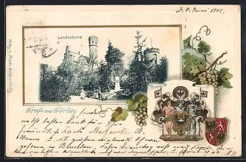 Passepartout-Lithographie Görlitz, Partie auf der Landeskrone, Wappen