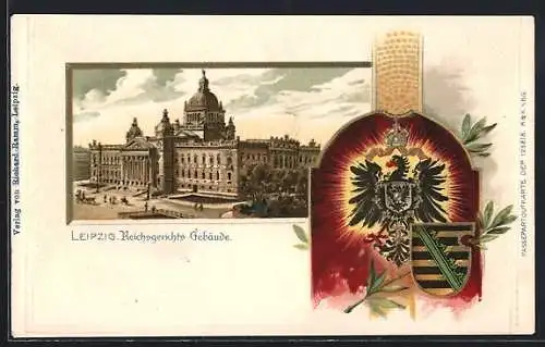 Passepartout-Lithographie Leipzig, Reichsgerichtsgebäude mit Wappen