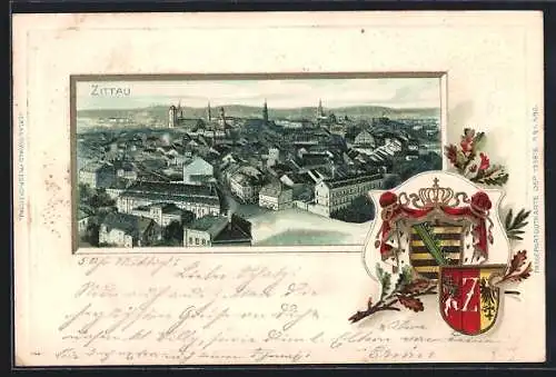 Passepartout-Lithographie Zittau, Gesamtansicht mit Wappen