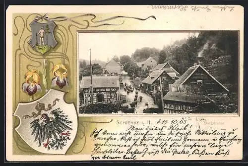 Passepartout-Lithographie Schierke i. H., Rinderherde auf der Dorfstrasse, Wappen