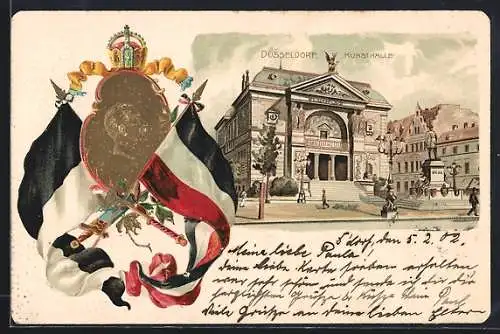 Passepartout-Lithographie Düsseldorf, Partie an der Kunsthalle, Reichs- und Preussische Flagge