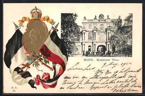 Passepartout-Lithographie Bonn, Am Koblenzer Thor, Reichs- und Preussische Flagge