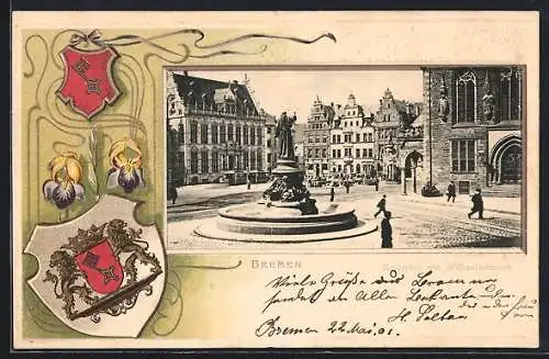 Passepartout-Lithographie Bremen, Marktplatz mit Wilhaldibrunnen, Stadtwappen