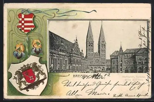 Passepartout-Lithographie Bremen, Marktplatz, Rathaus, Börse und Dom, Stadtwappen