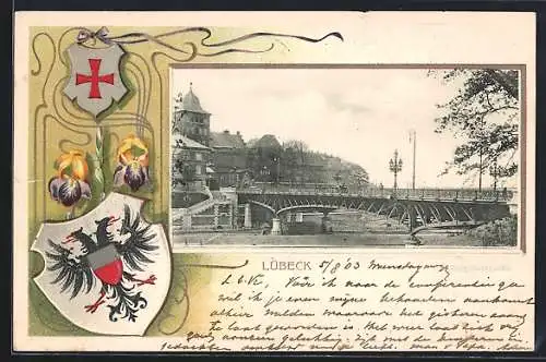 Passepartout-Lithographie Lübeck, Burgthorbrücke, Wappen