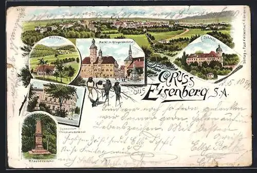 Lithographie Eisenberg / Thür., Mühlhaus, Schloss, Krausedenkmal, Totalansicht