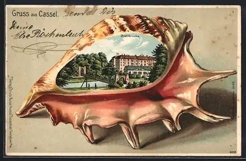 Passepartout-Lithographie Cassel, Die Drahtbrücke in einer Muschel