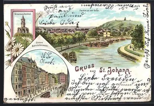 Lithographie St. Johann / Saar, Winterberg-Denkmal, Untere Bahnhofstrasse