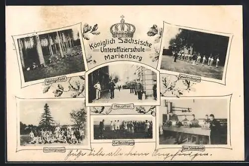 AK Marienberg / Sa., Königlich Sächsische Unteroffizierschule-Haupttor, Waldgefecht, Fechtergruppe, Gewehrübungen