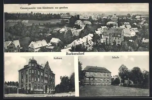 AK Burkersdorf / Zittau, Gesamtansicht vom Kirchturm aus gesehen, Rahaus, Schule