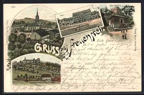 Lithographie Frauenstein / Erzgebirge, Ortsansicht, Schloss und Ruine, Schule, Parkschlösschen