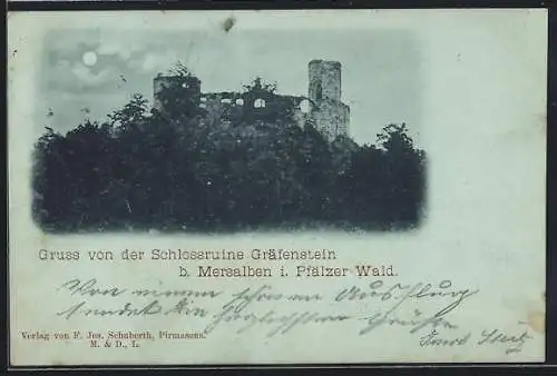 Mondschein-AK Merzalben / Pfälzer Wald, Schlossruine Gräfenstein