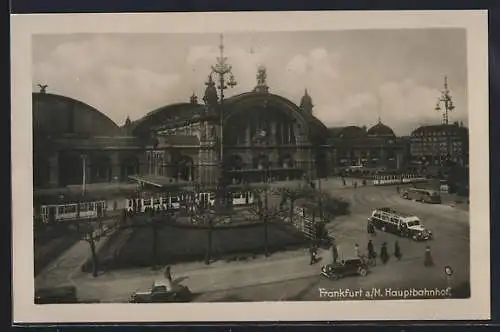 AK Frankfurt, Hauptbahnhof mit Strassenbahn, Leute, Autos