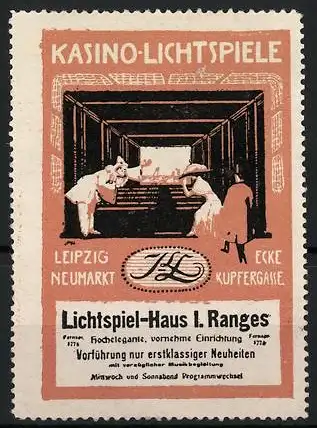 Reklamemarke Leipzig-Neumarkt, Kasino-Lichtspiele, Lichtspiel-Haus I. Ranges, Zuschauer im Kino