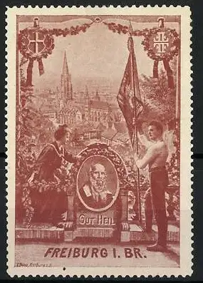 Reklamemarke Freiburg I. Br., Gut Heil, Stadtansicht mit Denkmal Turnvater Jahn